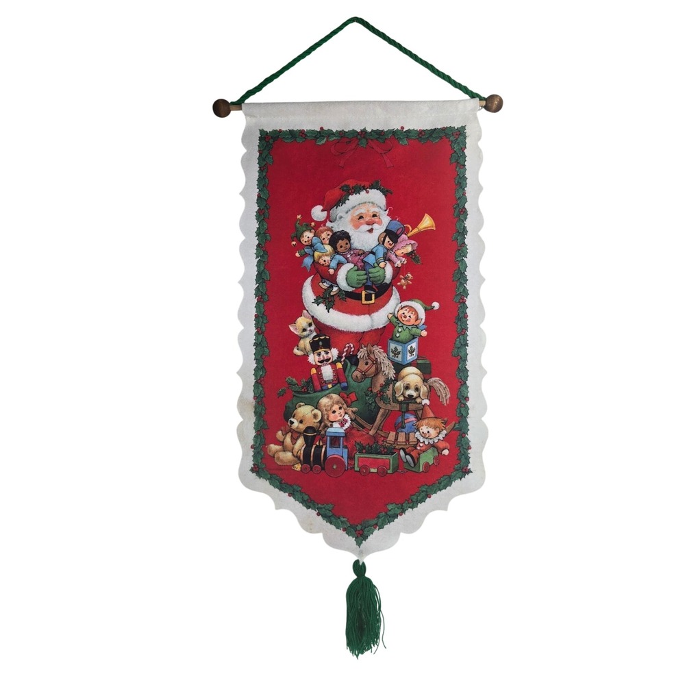 Vtg 80s Morehead Inc Santa with Christmas Toys Felt Banner Wall Hanging 21x12"